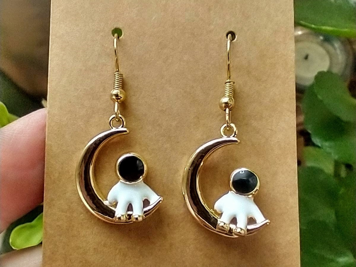 Astronaut on the Moon Gold Dangle Earrings