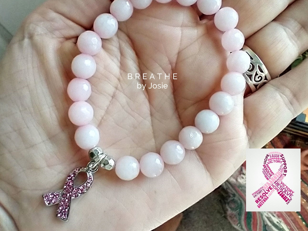 Pink Ribbon Breast Cancer Awareness Rose Quartz Gemstone Bracelet