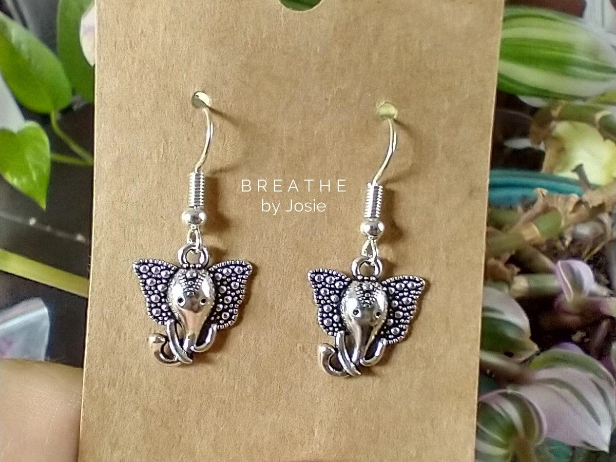 Silver Elephant Head Dangle Earrings