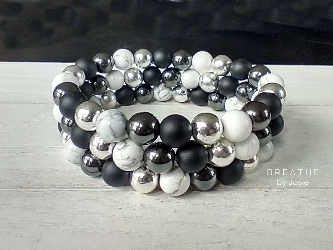 Shades of Black + White Gemstone Mala Bracelet