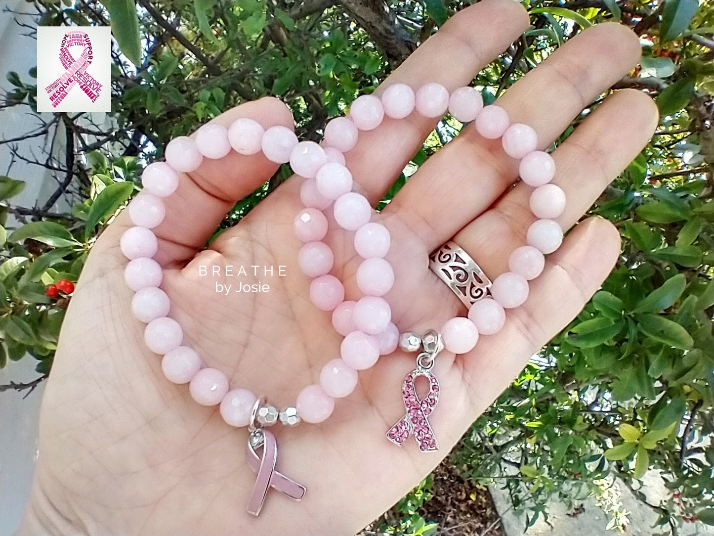 Pink Ribbon Breast Cancer Awareness Rose Quartz Gemstone Bracelet