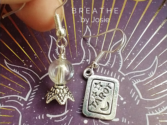 Tarot Card + Crystal Ball Mismatched Silver Dangle Earrings