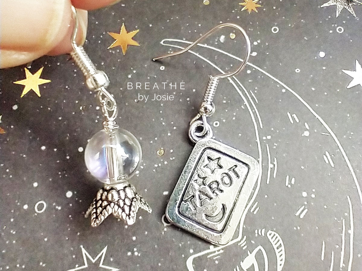 Tarot Card + Crystal Ball Mismatched Silver Dangle Earrings