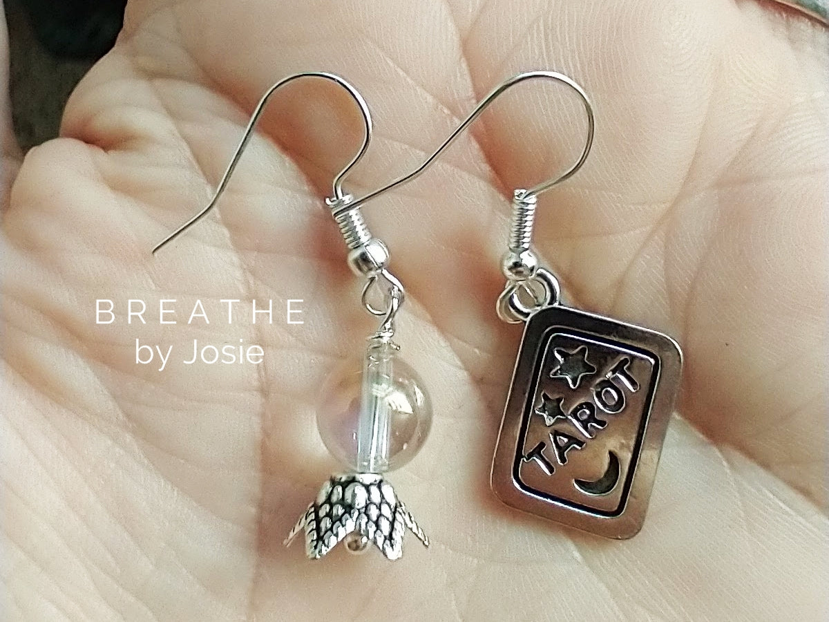 Tarot Card + Crystal Ball Mismatched Silver Dangle Earrings