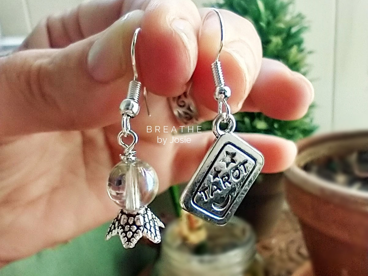 Tarot Card + Crystal Ball Mismatched Silver Dangle Earrings
