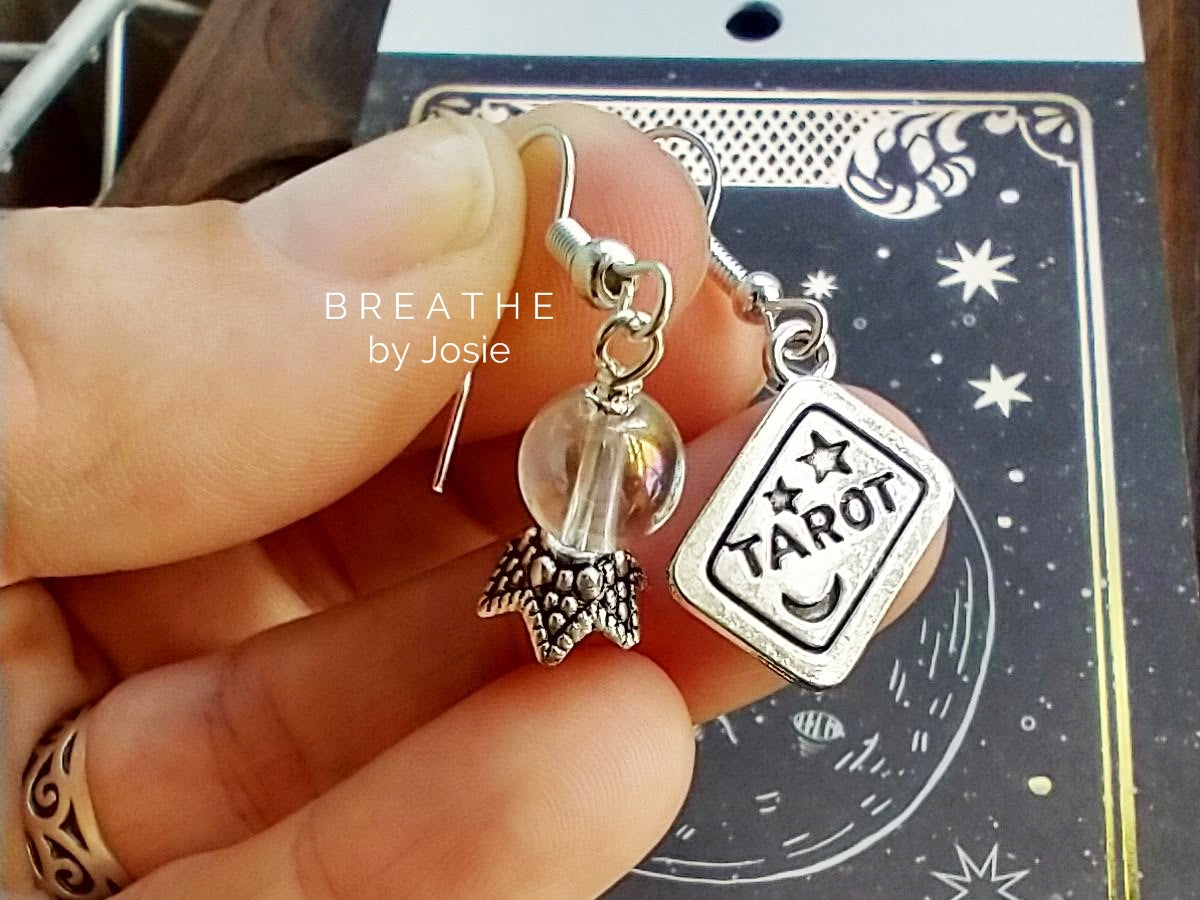 Tarot Card + Crystal Ball Mismatched Silver Dangle Earrings