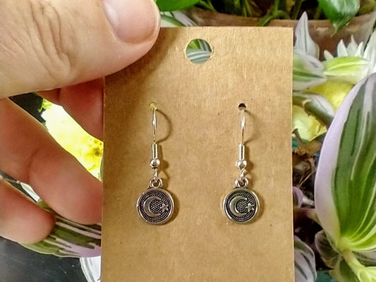 Tiny Silver Crescent Moon & Star Dangle Earrings