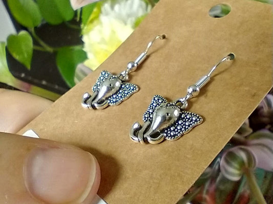 Silver Elephant Head Dangle Earrings