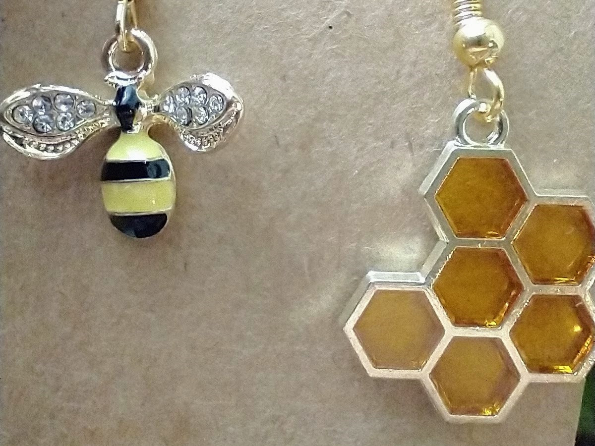 Bee & Honeycomb Mismatched Gold Dangle Earrings