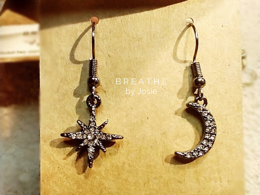 Crystal Studded Moon + Star Mismatched Granite Dangle Earrings