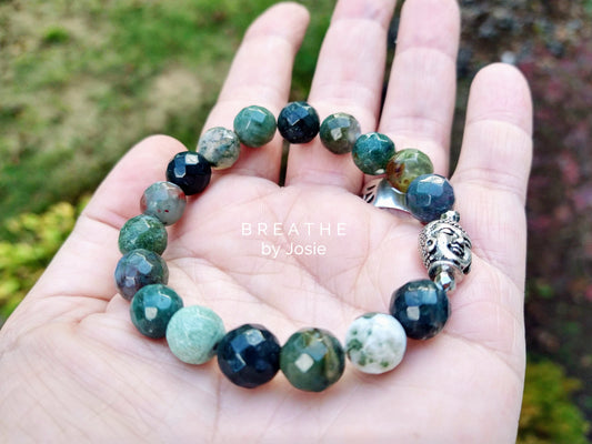 Chunky Moss Agate + Buddha Gemstone Bracelet