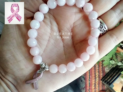Pink Ribbon Breast Cancer Awareness Rose Quartz Gemstone Bracelet
