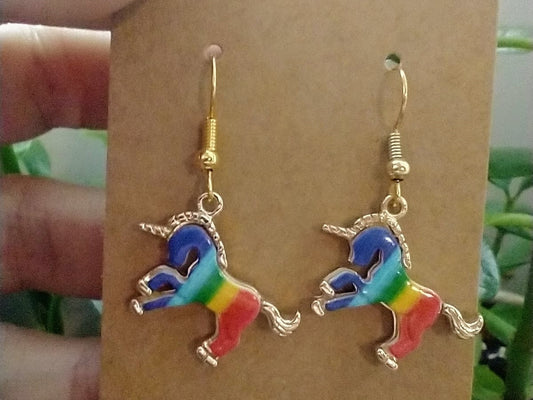 Pride Rainbow Unicorn Gold Dangle Earrings